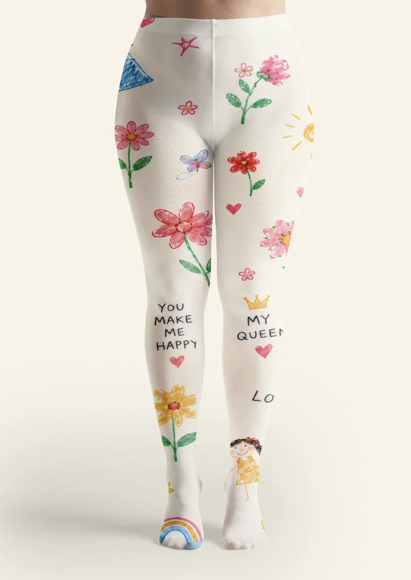 White Crayon Floral Doodle Tights