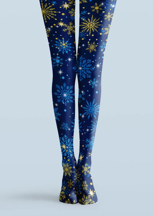Navy printed tights with blue and yellow snowflakes, tiny dots, and white starbursts.