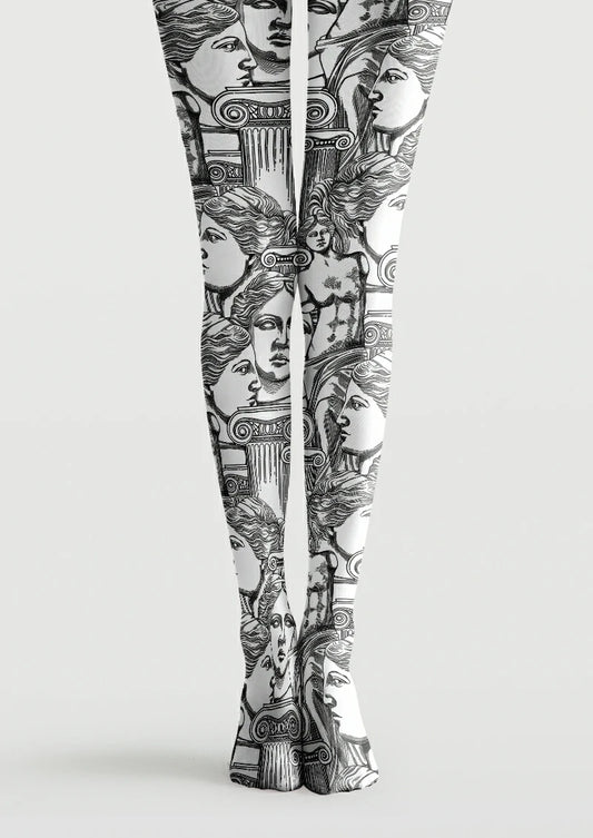 White printed tights with black line drawings of classical-style statue faces, torsos and scroll-topped columns.