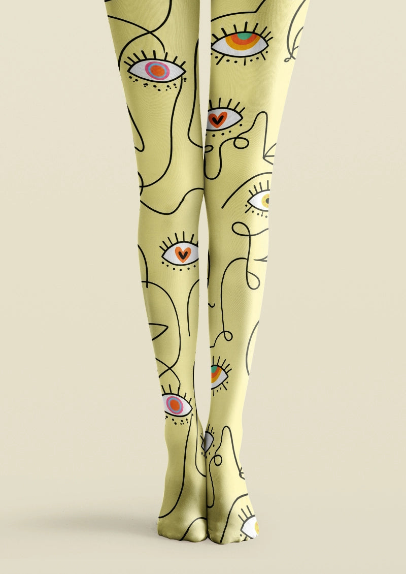 Yellow Eye Doodle Graphic Print Tights Hosiery Pantyhose