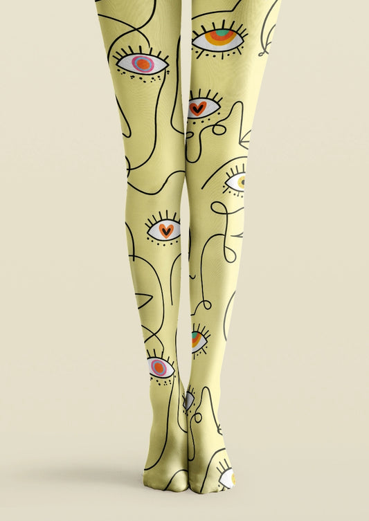 Yellow Eye Doodle Graphic Print Tights Hosiery Pantyhose