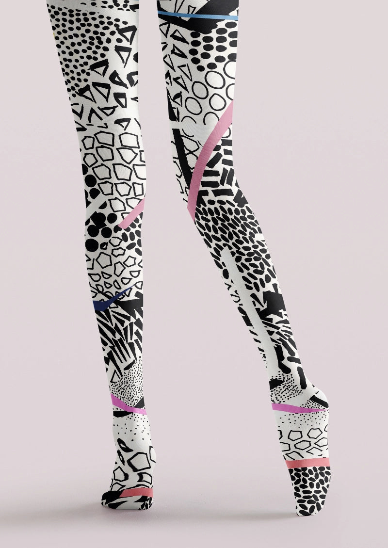 White Black Abstract Geometric Tights