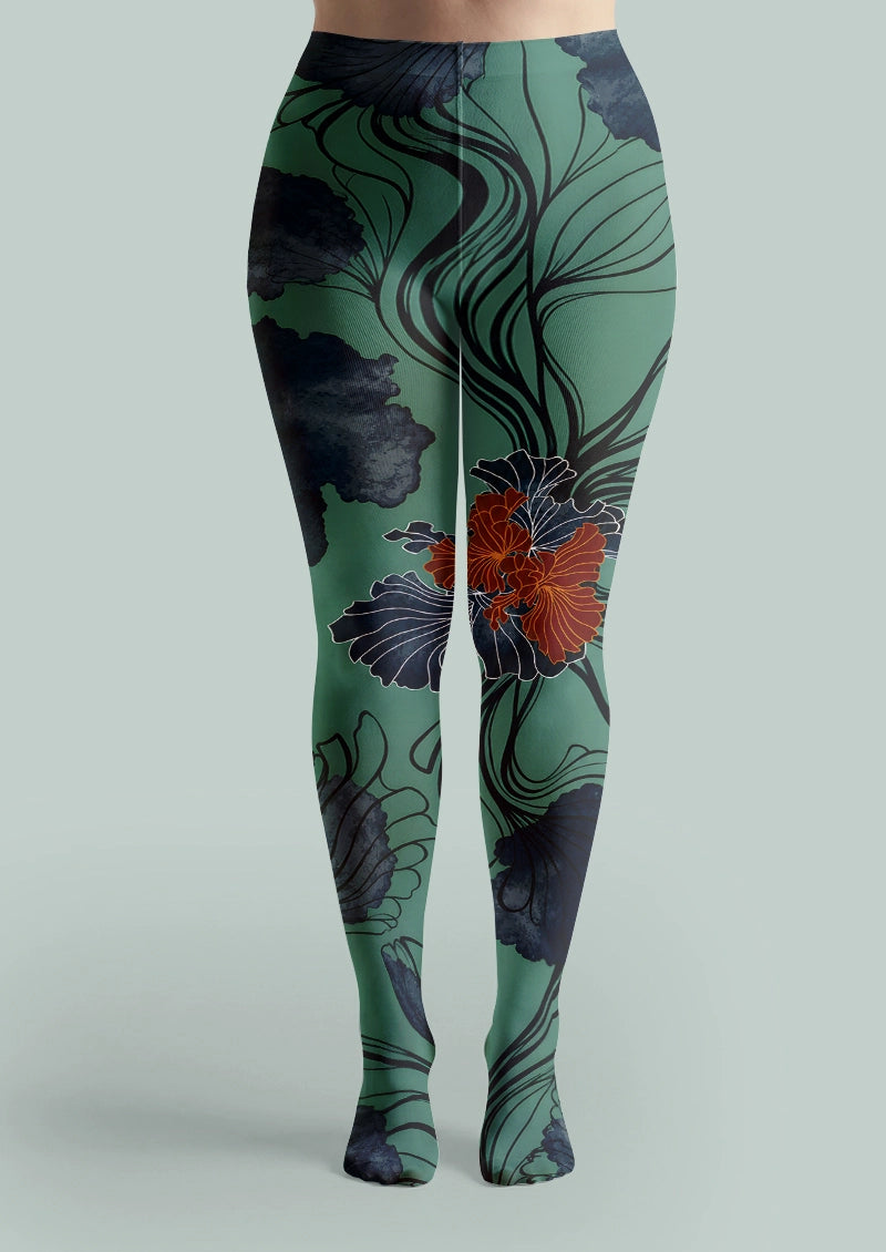 Green Botanical Floral Print Tights Hosiery Pantyhose