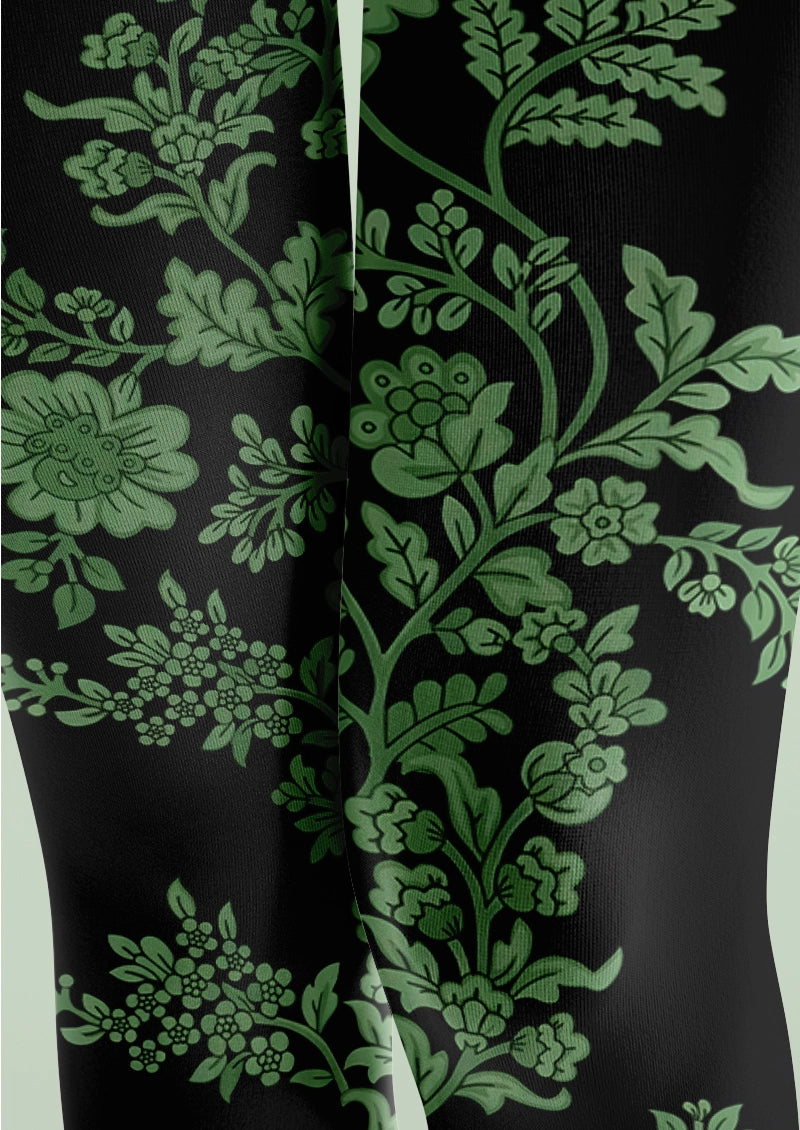 Green Botanical Vine Floral Print Tights Hosiery Pantyhose