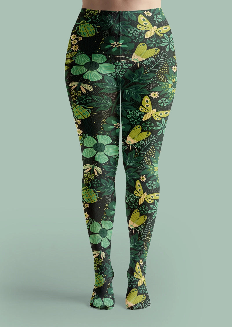 Botanical Moth and Floral Print Tights Hosiery Pantyhose
