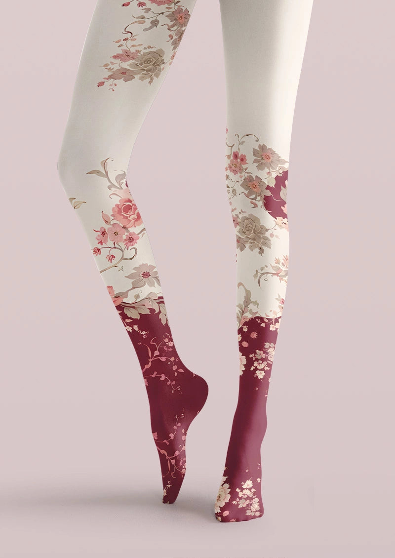 Vintage Blush Burgundy Floral Ombre Print Tights Hosiery Pantyhose