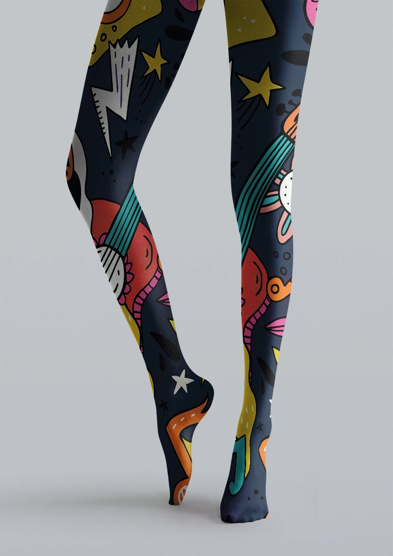 Colorful Guitar & Star Doodle Graphic Tights Hosiery Pantyhose