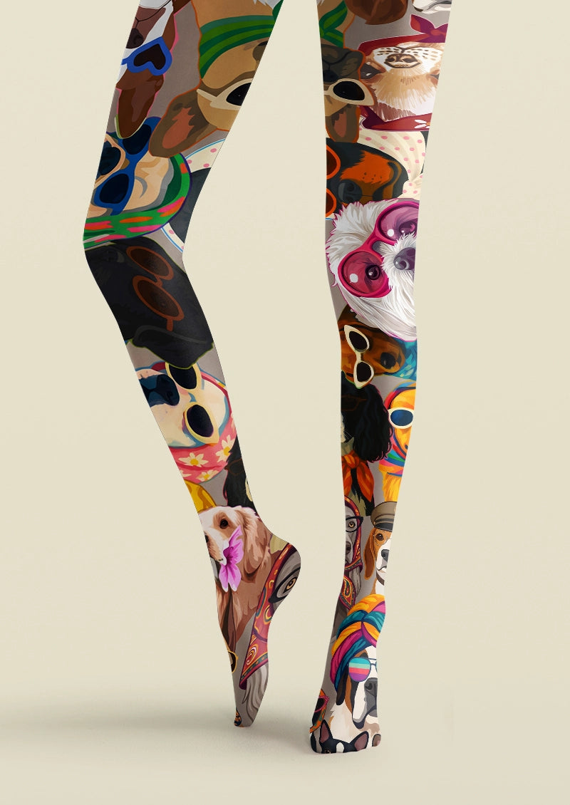 Colorful Dog Portrait Animal Print Tights Hosiery Pantyhose