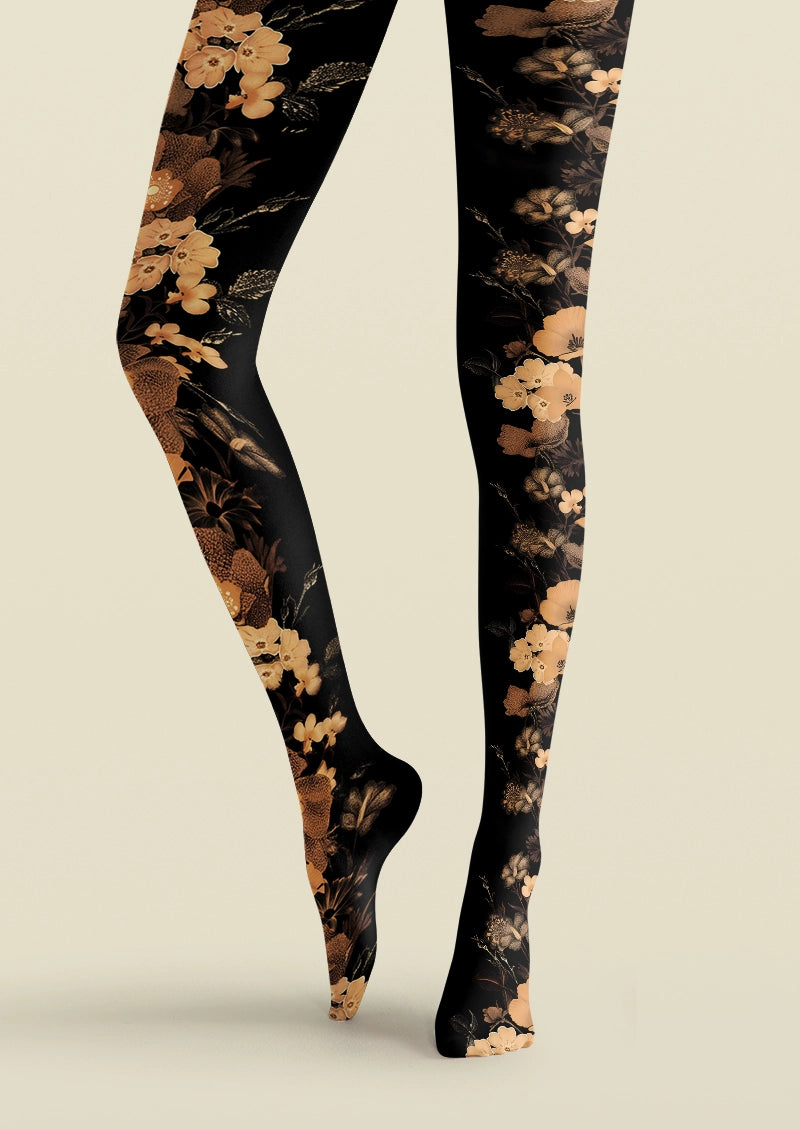 Golden-Brown Vintage Botanical Floral Print Tights Hosiery Pantyhose
