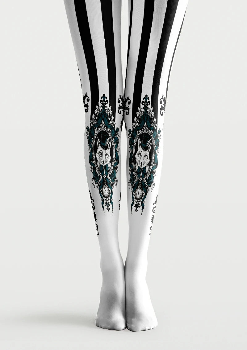 White printed tights with black stripes, blue scrollwork, framed fox portraits, and clocks
