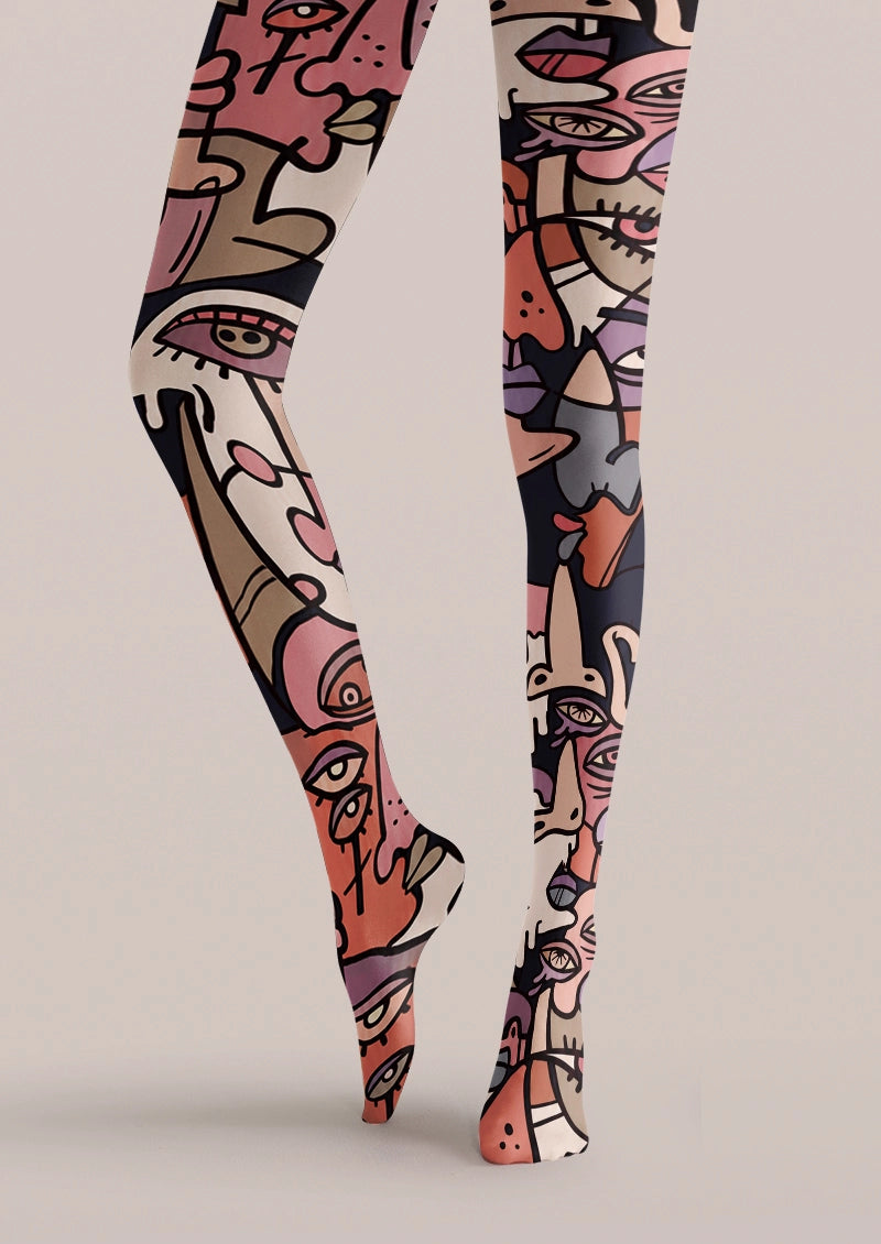Abstract Face Mosaic Print Tights Hosiery Pantyhose