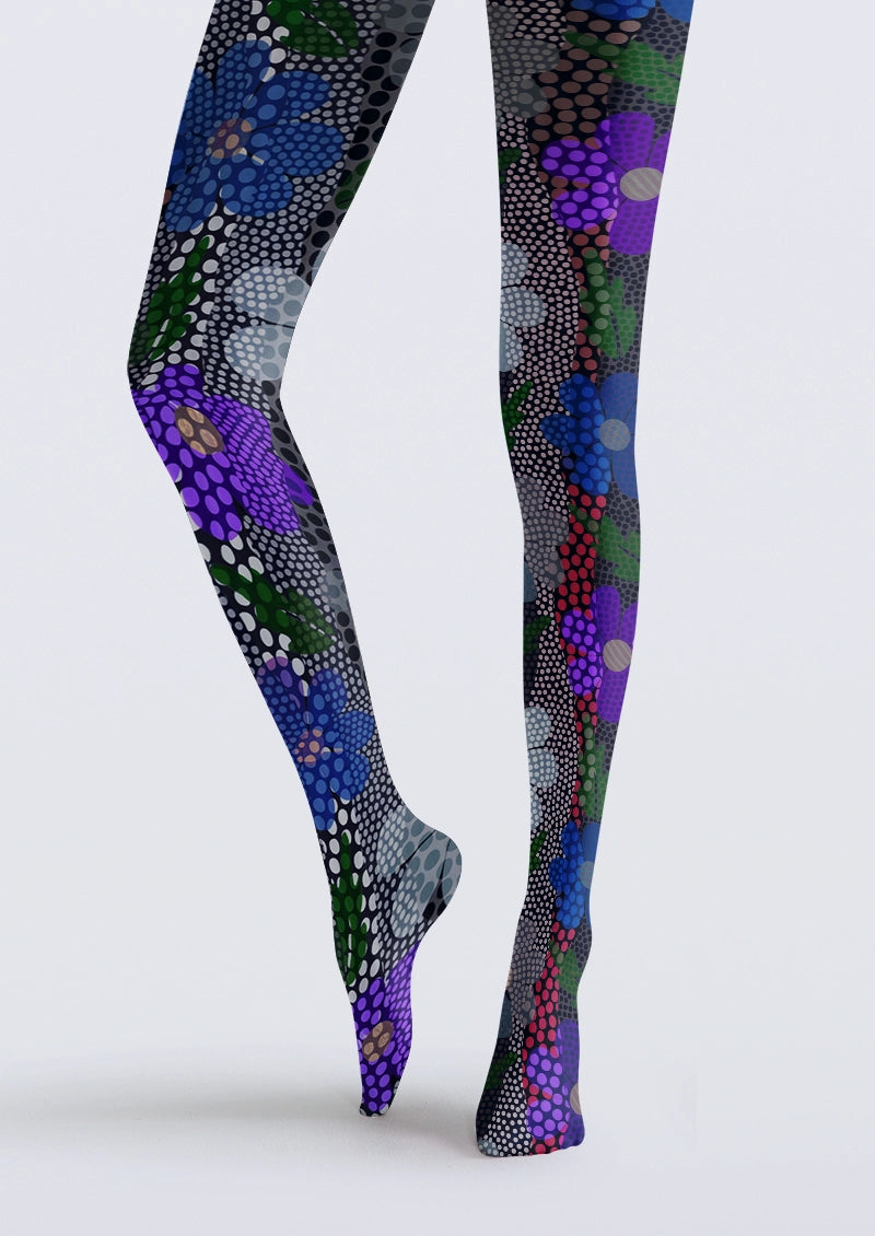 Black Purple Halftone Floral Tights
