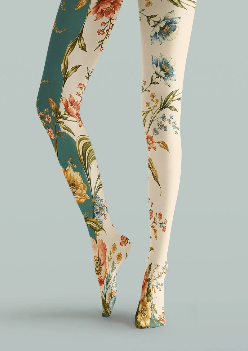 Asymmetric Retro Botanical Floral Print Tights Hosiery Pantyhose