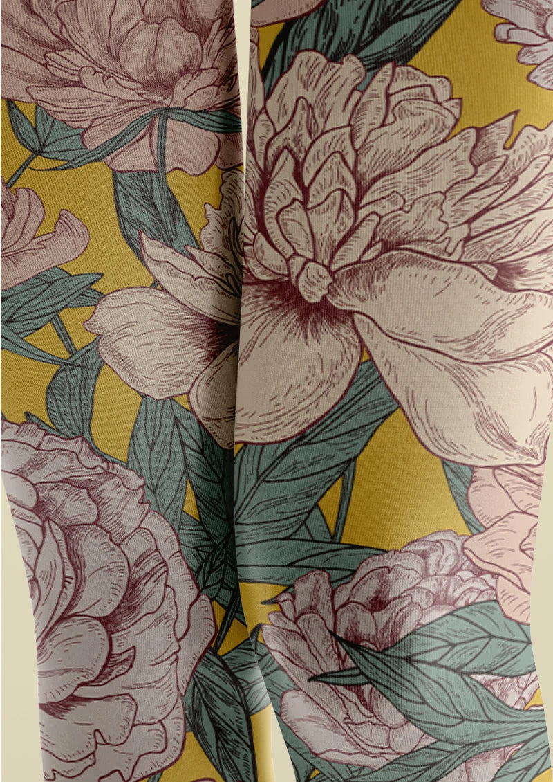 Golden Peony Garden Floral Tights Hosiery Pantyhose