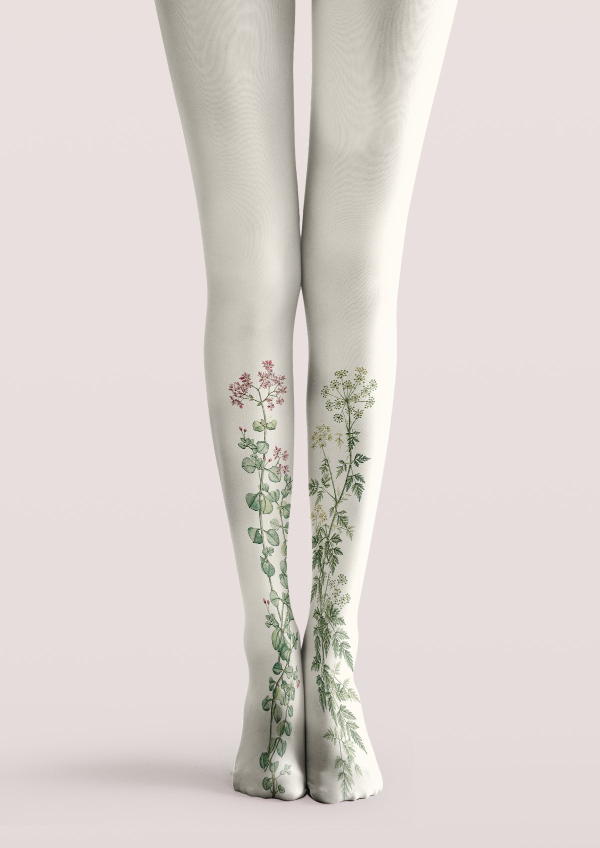 Ivory printed tights with pink blossoms on one calf and green flower clusters with delicate leaves on the other.