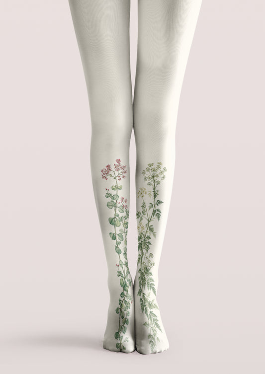 Ivory printed tights with pink blossoms on one calf and green flower clusters with delicate leaves on the other.