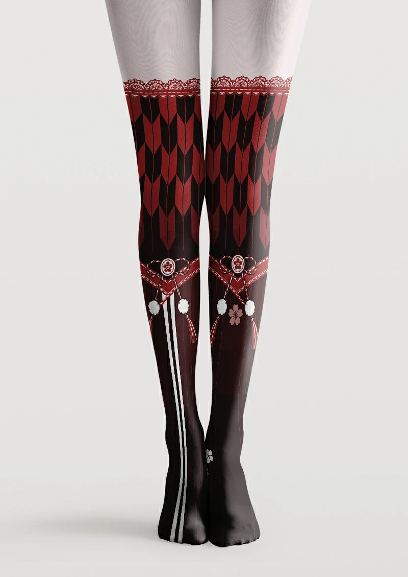 Black and red printed tights with geometric panels, a lace-style border, bows, pom-pom motifs and tassels.