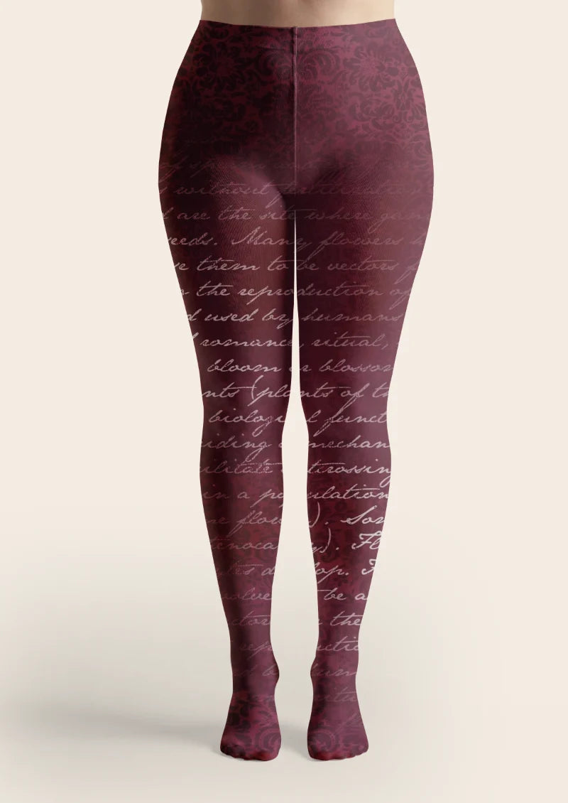 Burgundy Cursive Script Floral Tights