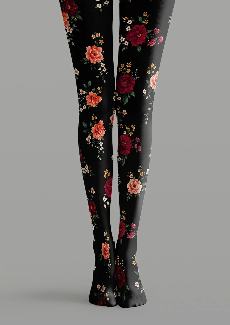 Black printed tights with red, orange and pink flowers, small white blossoms and green leaves