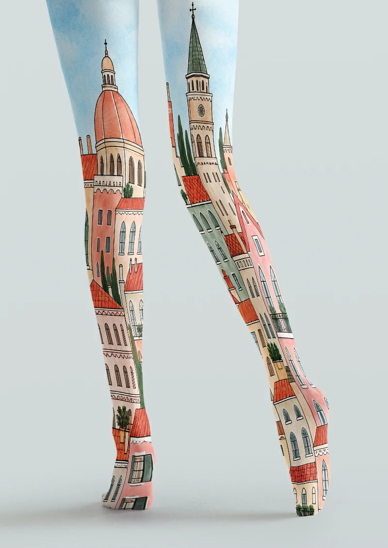 Beige Cityscape Tights