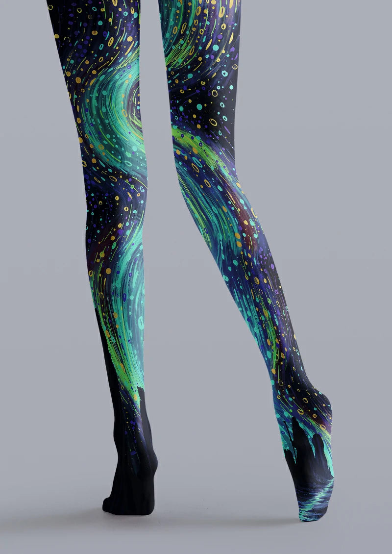 Navy Green Abstract Swirl Tights