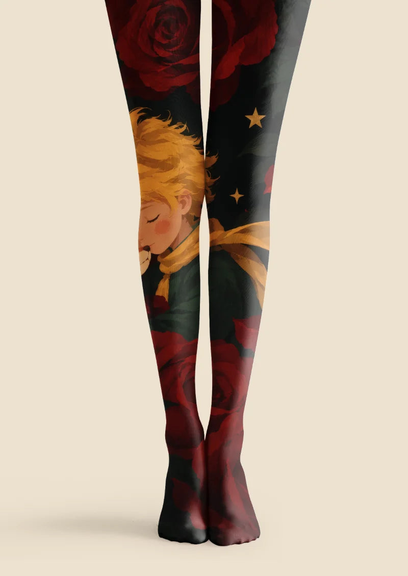 Black tights with red roses, green leaves, a blond child and fox illustration, a yellow scarf, and stars.