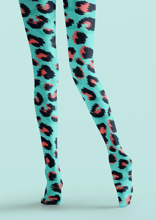Blue printed tights with black leopard-style rosettes, pink centres and jagged printed edges.