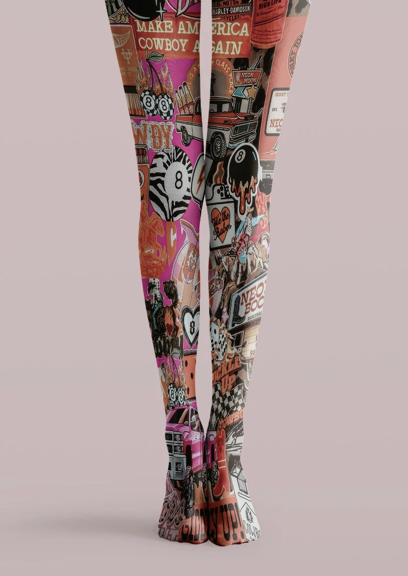 Cowgirl Sticker Collage Tights Hosiery Pantyhose