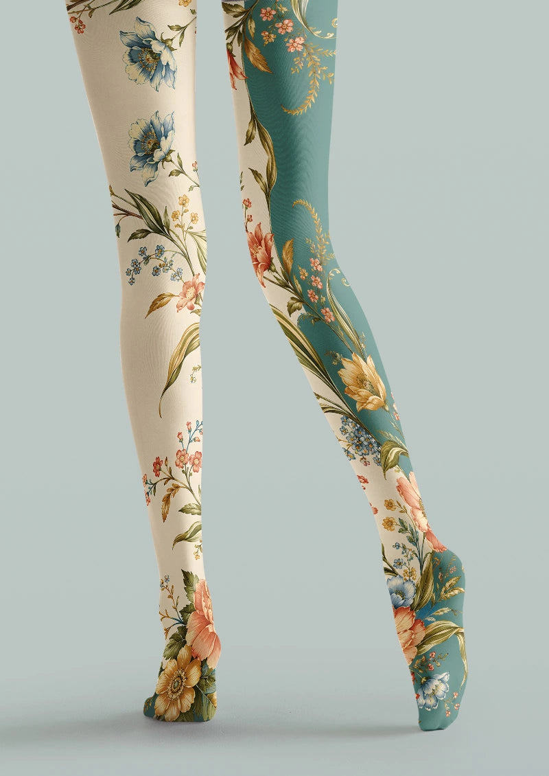Asymmetric Retro Botanical Floral Print Tights Hosiery Pantyhose