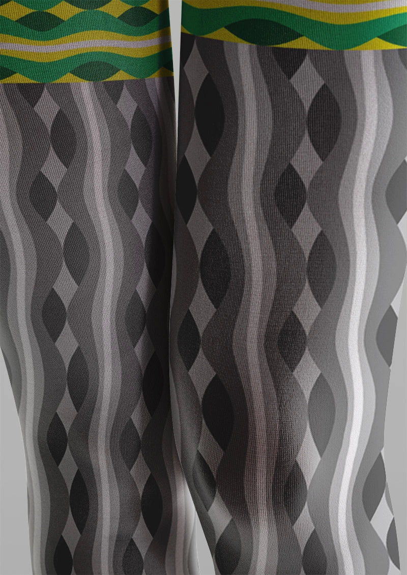 Two-Tone Green Grey Geometric Striped Pattern Tights Hosiery Pantyhose