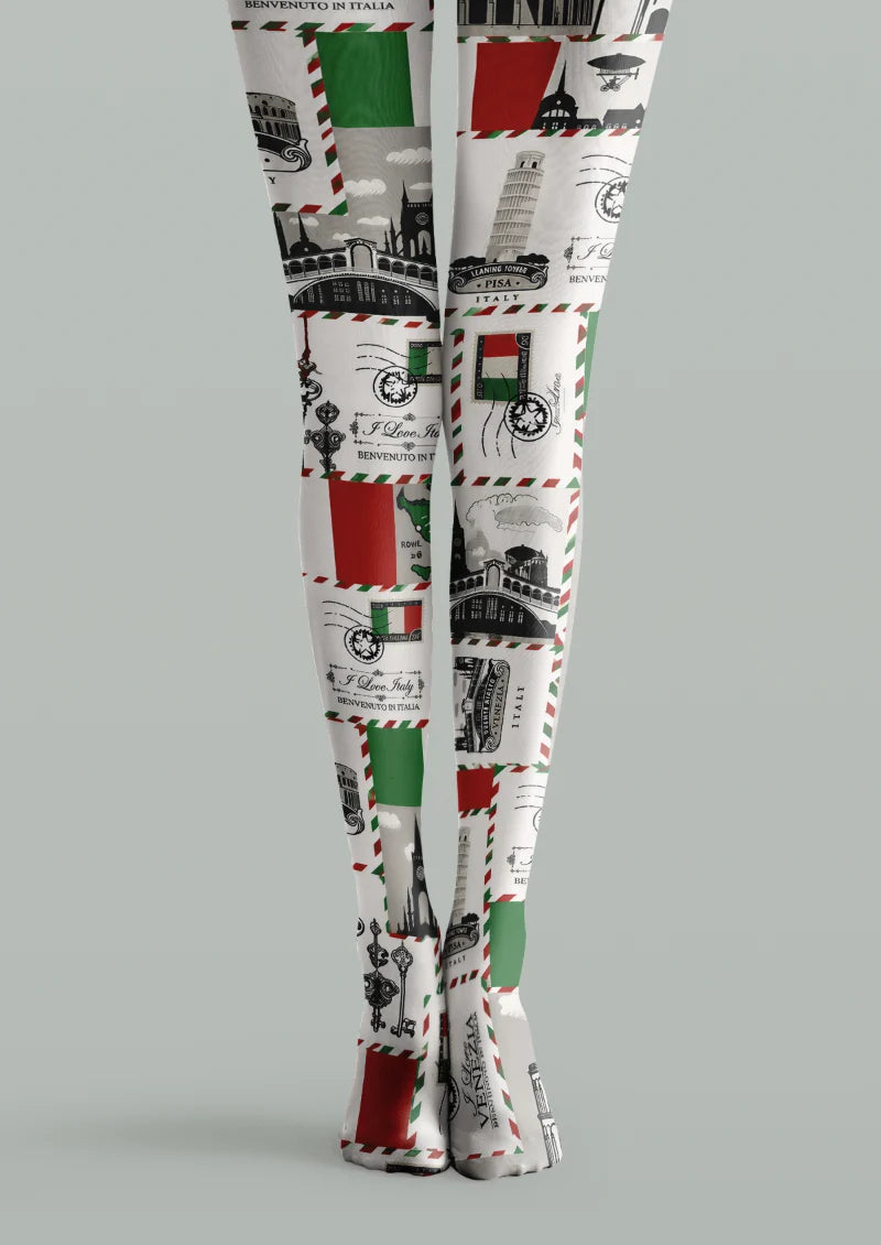 White printed tights with Italian landmark postcards, black postal stamps, red and green panels, and striped airmail borders.