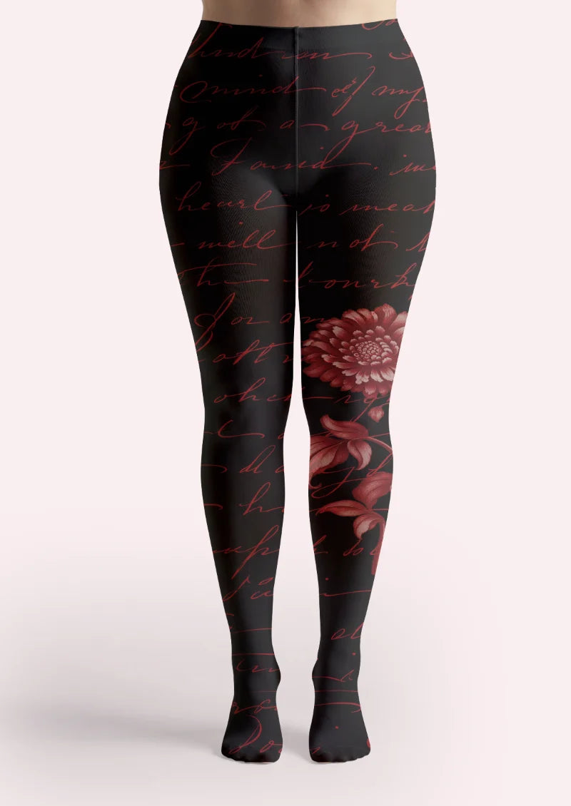 Black Floral Script Tights