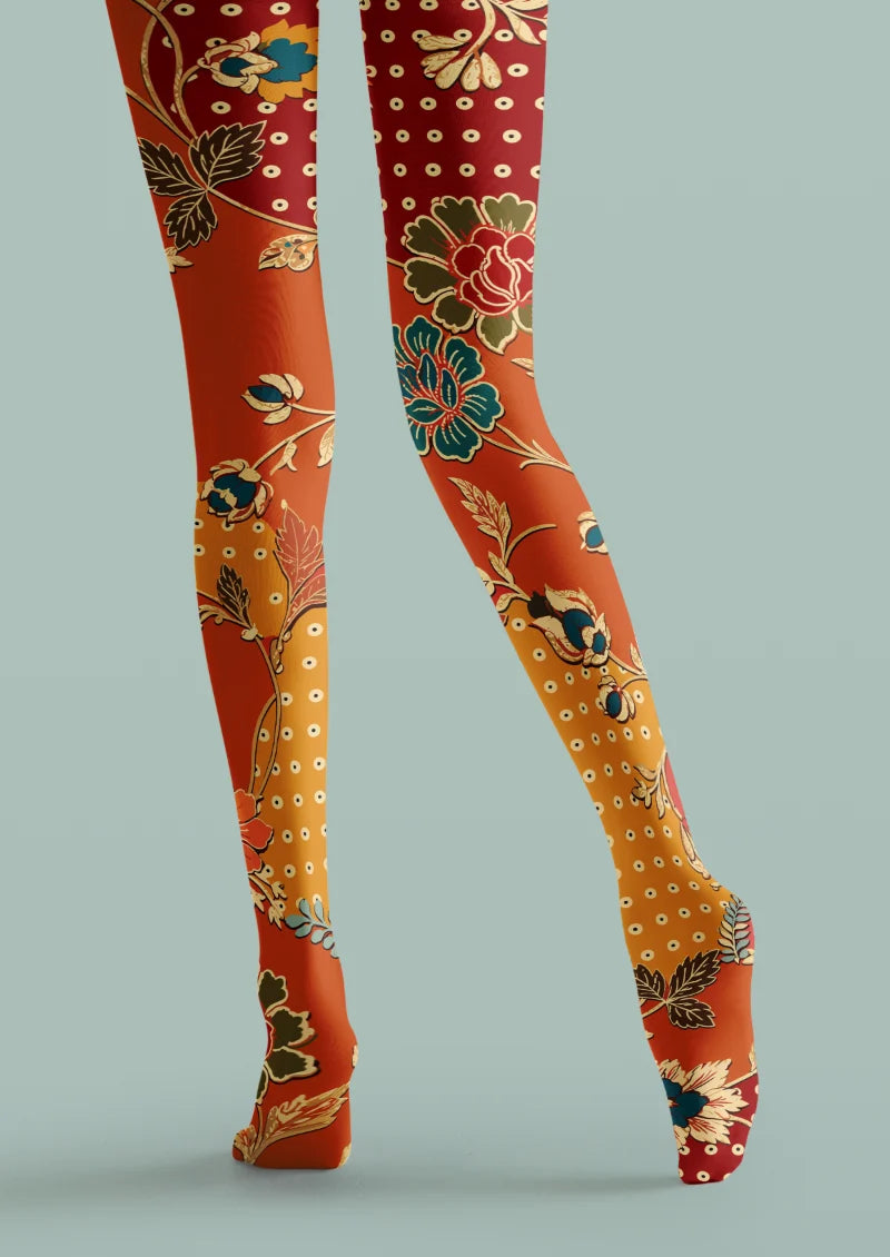 Red Orange Floral Tights