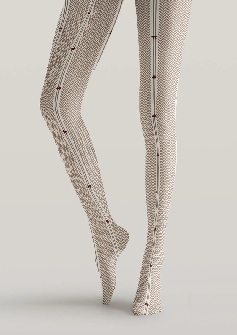 Beige Herringbone Striped Tights Hosiery Pantyhose