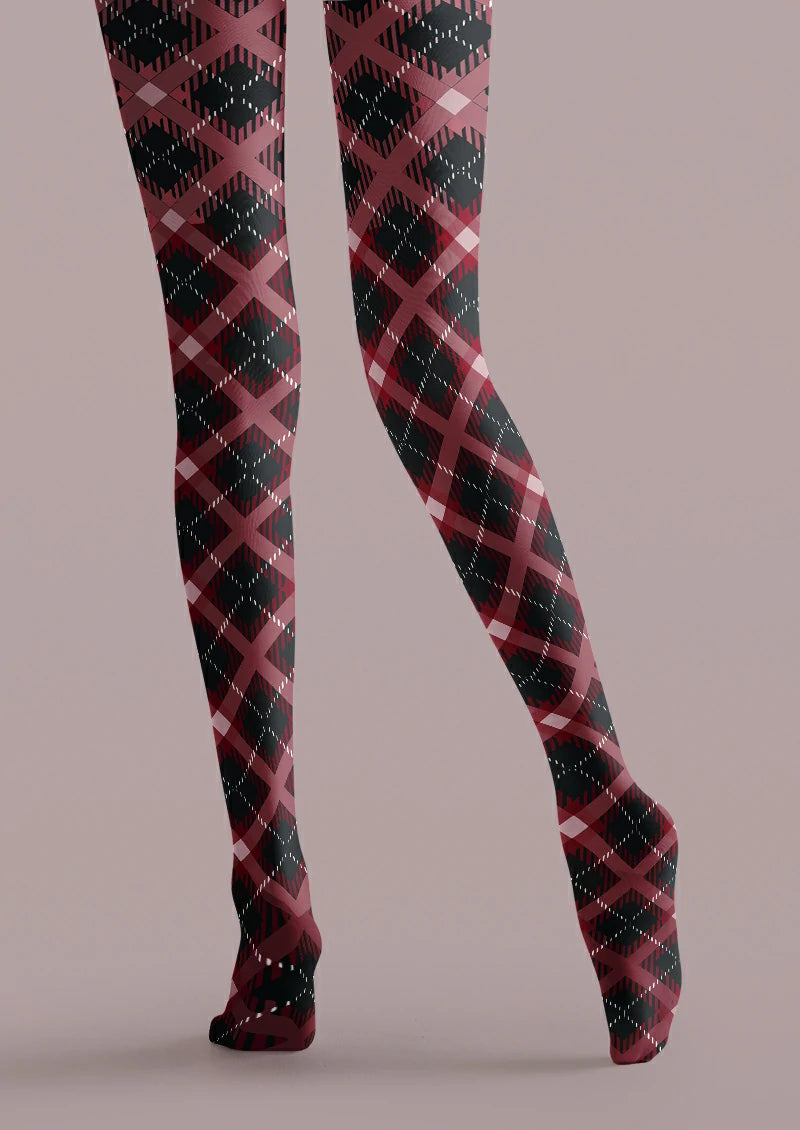 Black printed tights with broad burgundy diagonal bands, repeating argyle diamonds and fine pale dashed lines.