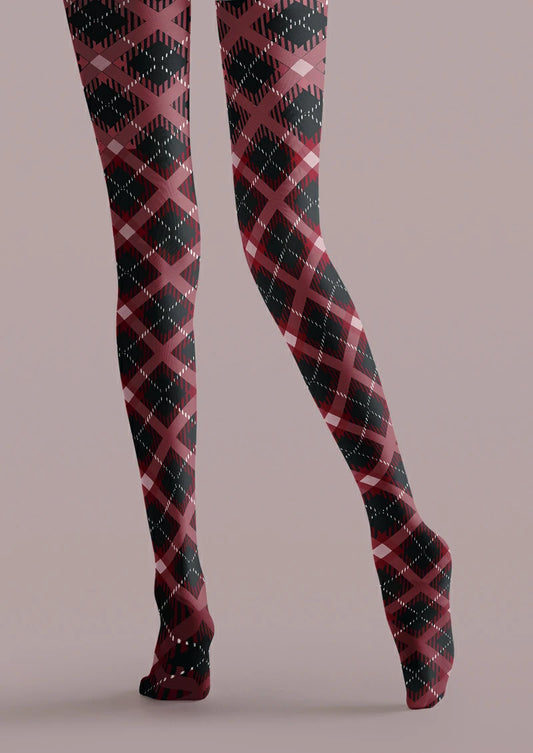 Black printed tights with broad burgundy diagonal bands, repeating argyle diamonds and fine pale dashed lines.