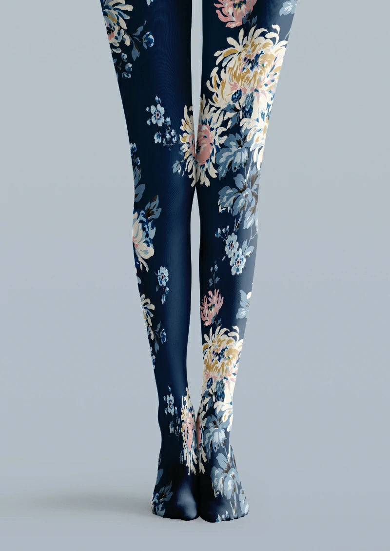Navy Garden Floral Tights Hosiery Pantyhose