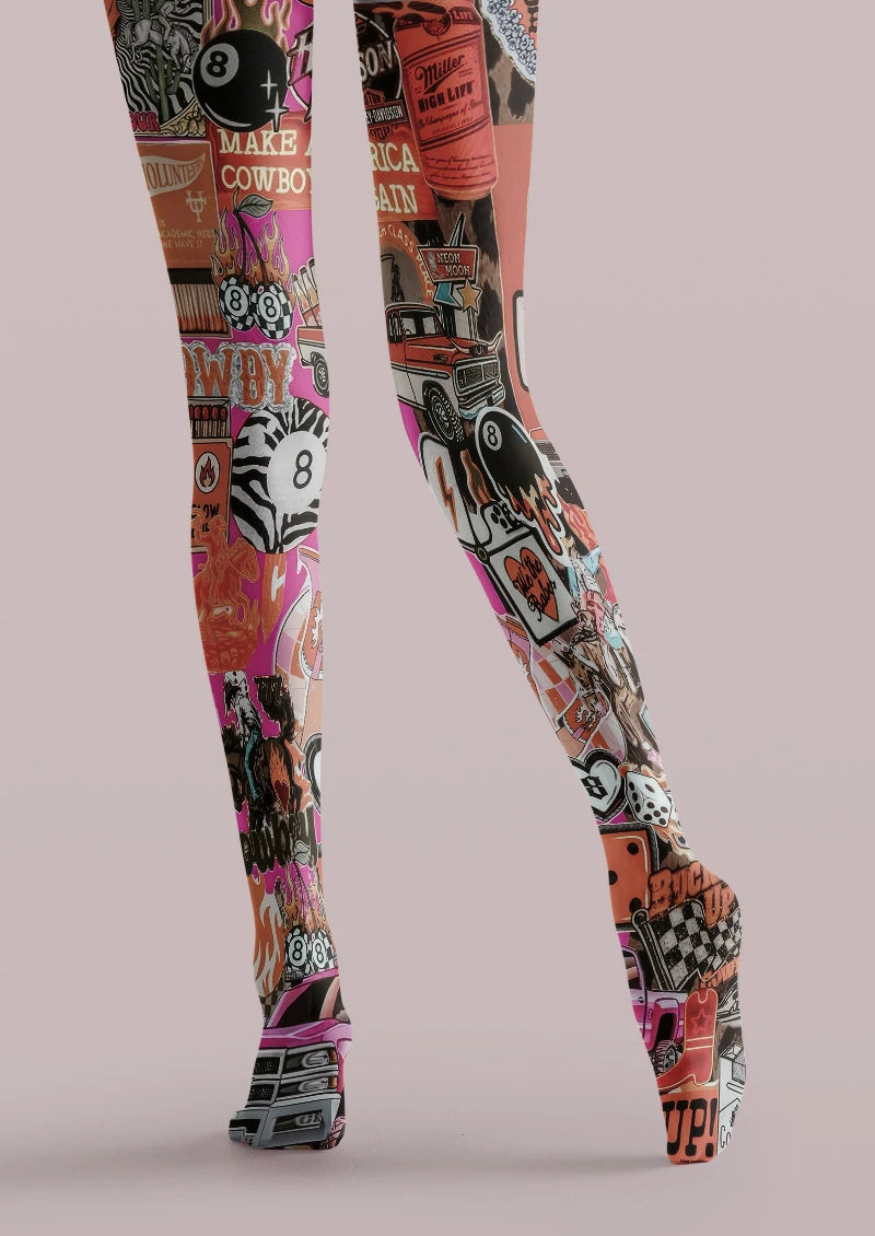 Cowgirl Sticker Collage Tights Hosiery Pantyhose