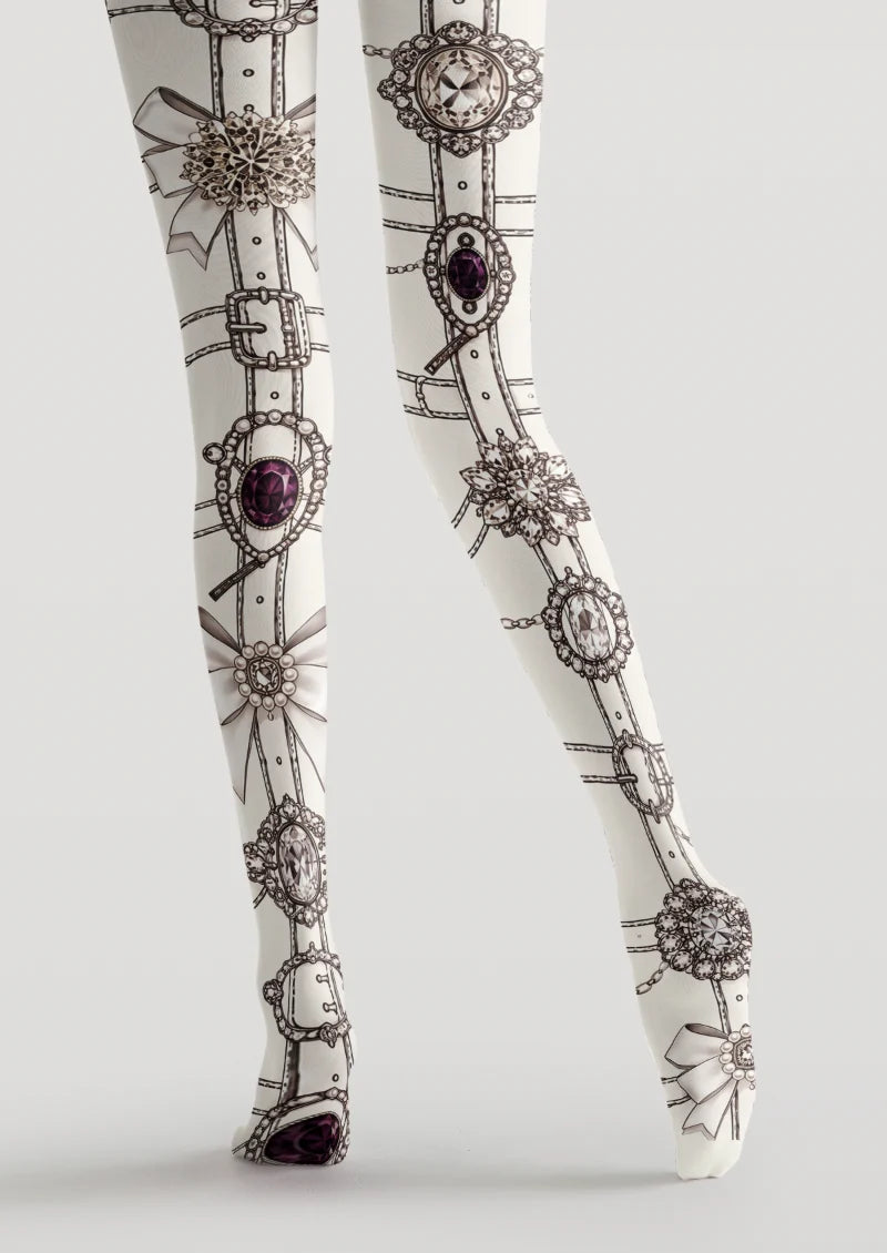 White Jeweled Brooch Tights