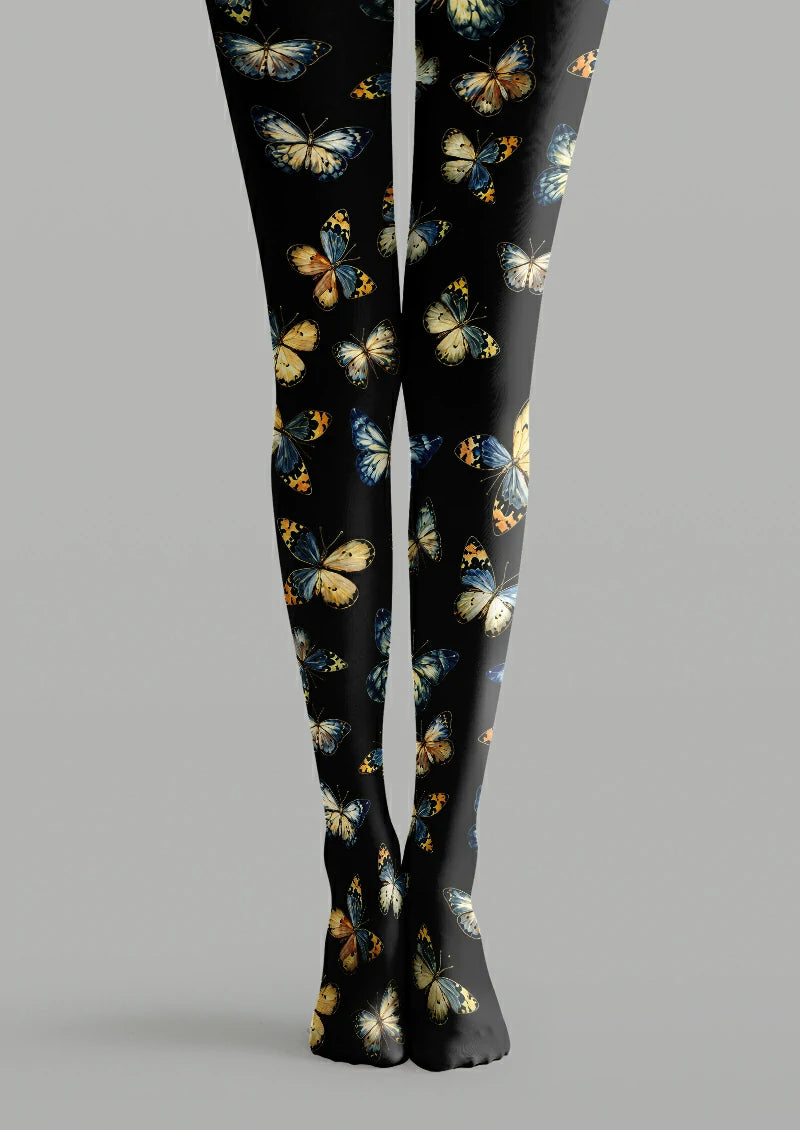 Black tights with blue and yellow butterfly pattern