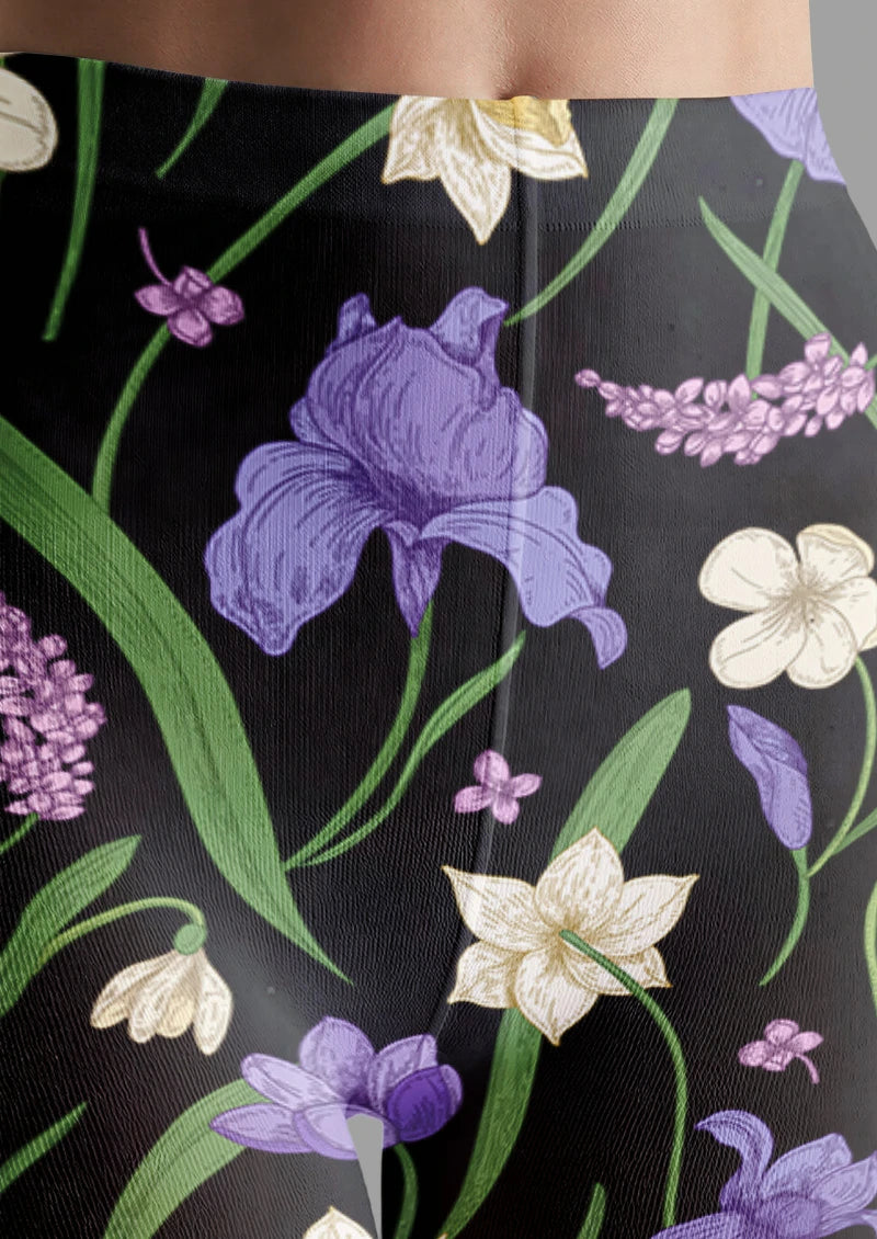 Black Iris Botanical Floral Tights Hosiery Pantyhose