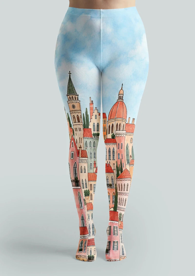 Beige Cityscape Tights