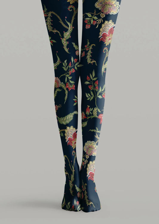 Navy printed tights with red flowers, cream blossoms, and green winding foliage