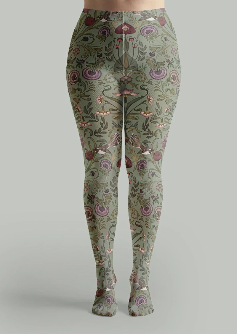 Green Bird and Floral Tights