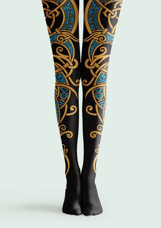 Black tights with bronze interlacing scrollwork and blue geometric details extending along both legs