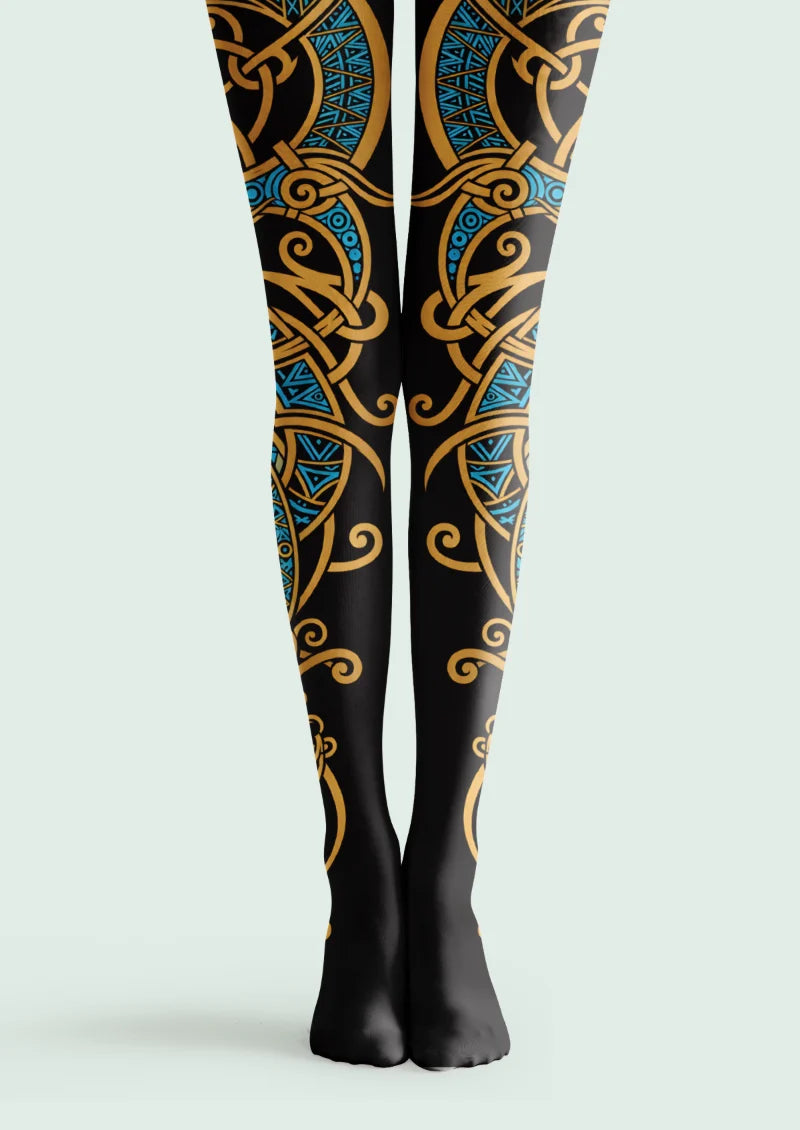 Black tights with bronze interlacing scrollwork and blue geometric details extending along both legs