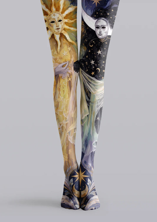 Multicolor printed tights with sun and moon figures, stars, crescents, and celestial motifs across both legs