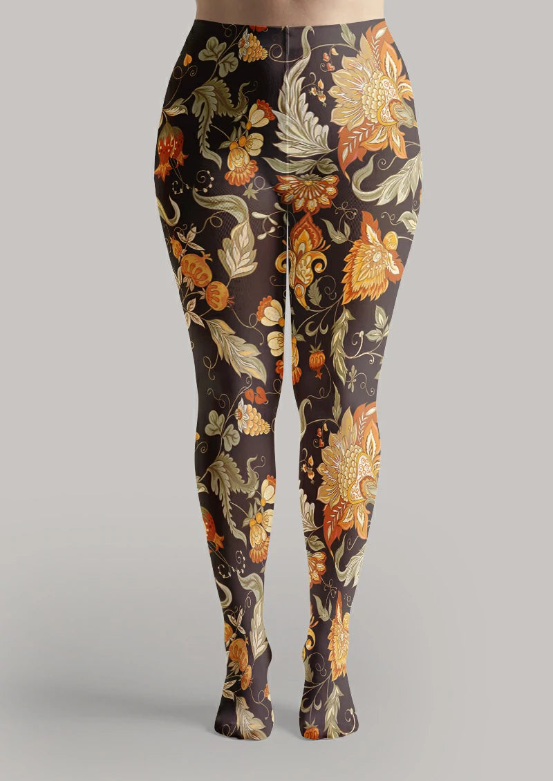 Brown Orange Botanical Tights