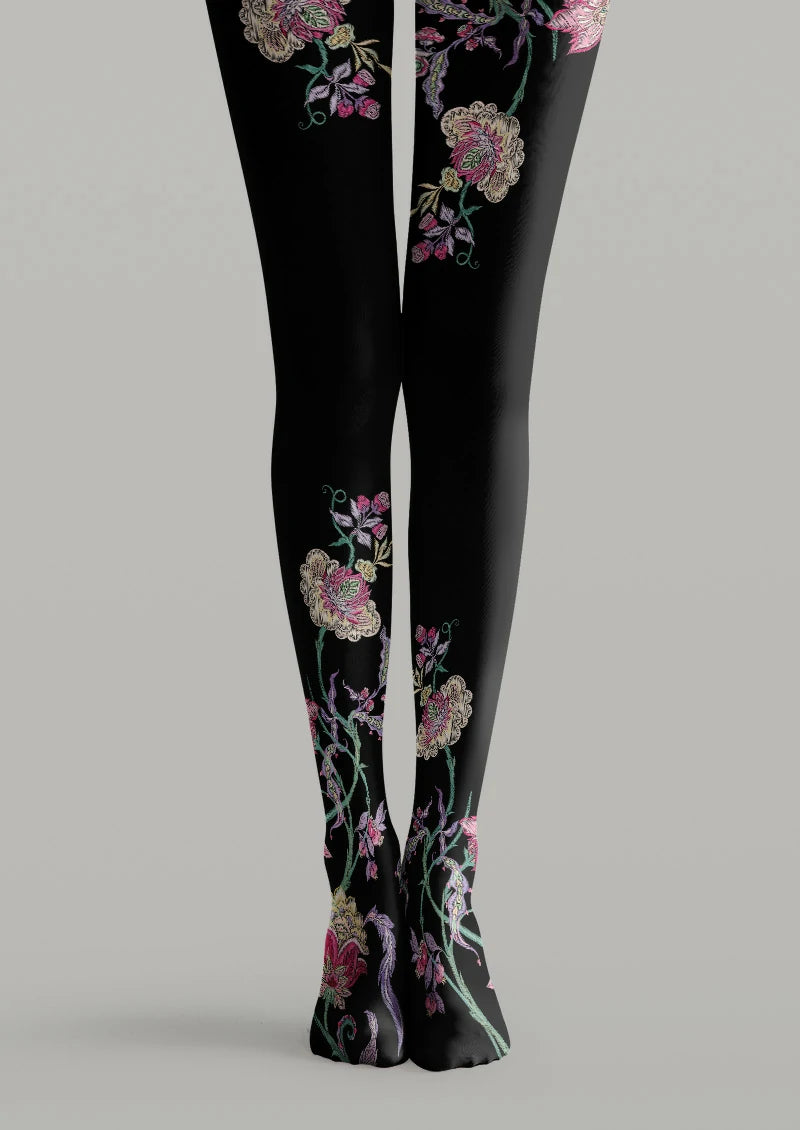 Black printed tights with pink and purple flowers and green climbing stems