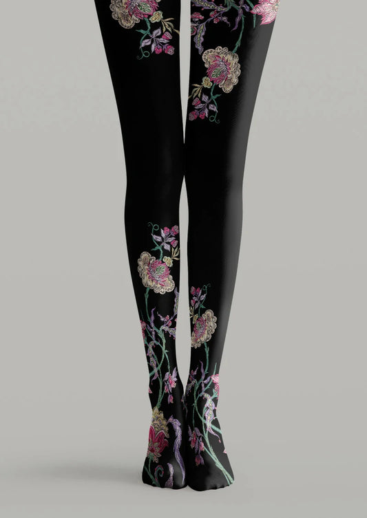Black printed tights with pink and purple flowers and green climbing stems